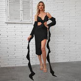 Strappy Long Sleeve Lace Up Midi Bandage Dress